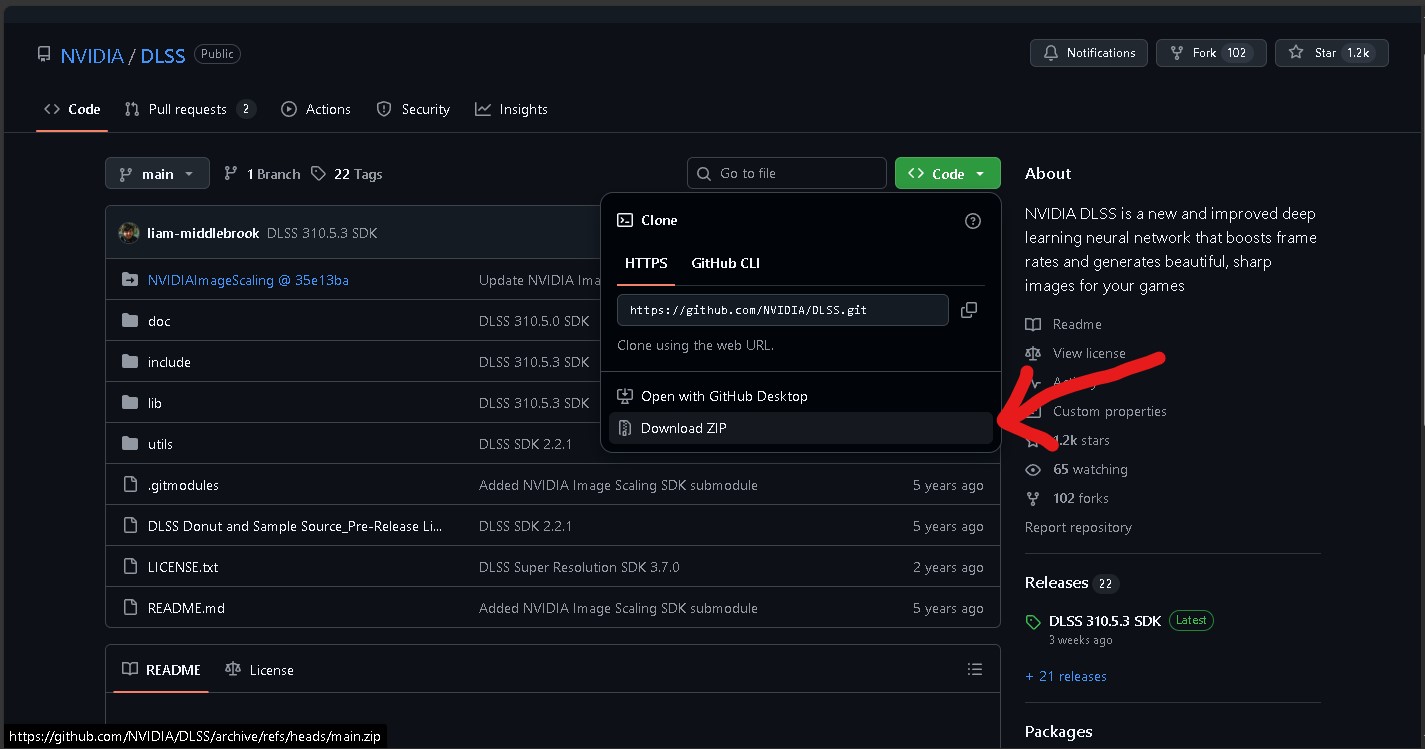 Desccarga el ZIP completo del repositorio de DLSS